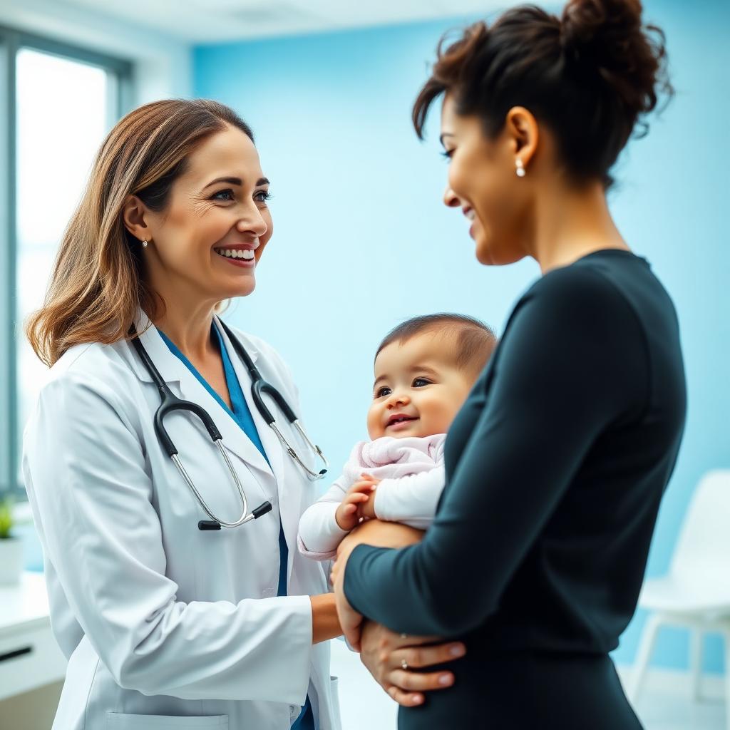 Paediatrician reassuring a mother holding her baby